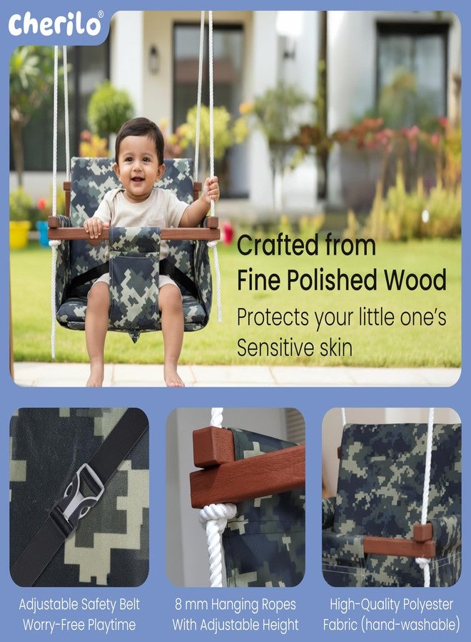 Cherilo Swing for Kids 1-5 Years | Indoor & Outdoor Wooden Jhula for Kids | Safe Comfortable Swing with Cushions & Safety Belt | Strong Durable Wooden Frame - Camouflage - Image 2